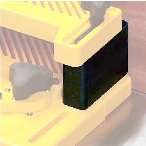 Close-up of a black plastic riser attached to a yellow power tool accessory for saws and home improvement projects