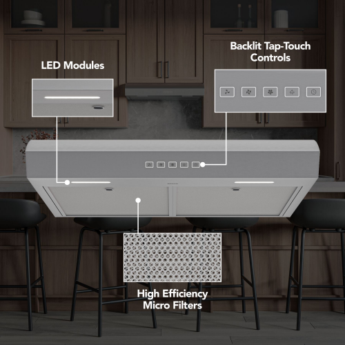 Under cabinet range hood with backlit touch controls, LED lighting, and high-efficiency micro filters in kitchen appliances collection