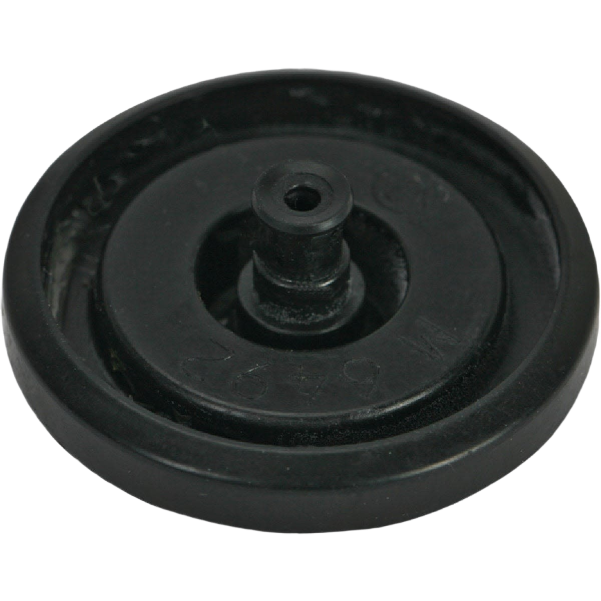Round black rubber seal component with central stem for plumbing or home improvement repairs and replacements