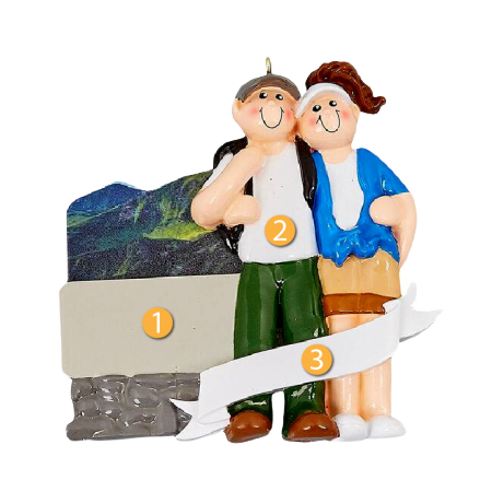 Couple figurine embracing in front of mountain scene with blank banner for Christmas Ornaments & Tree Decorations collection