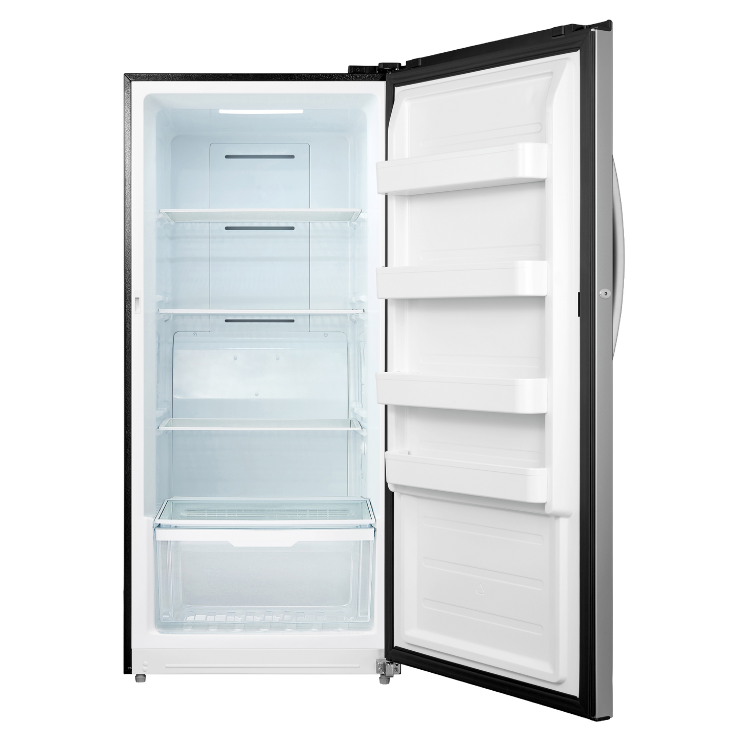 Empty stainless steel upright freezer with open door showing glass shelves and storage compartments in appliances collection