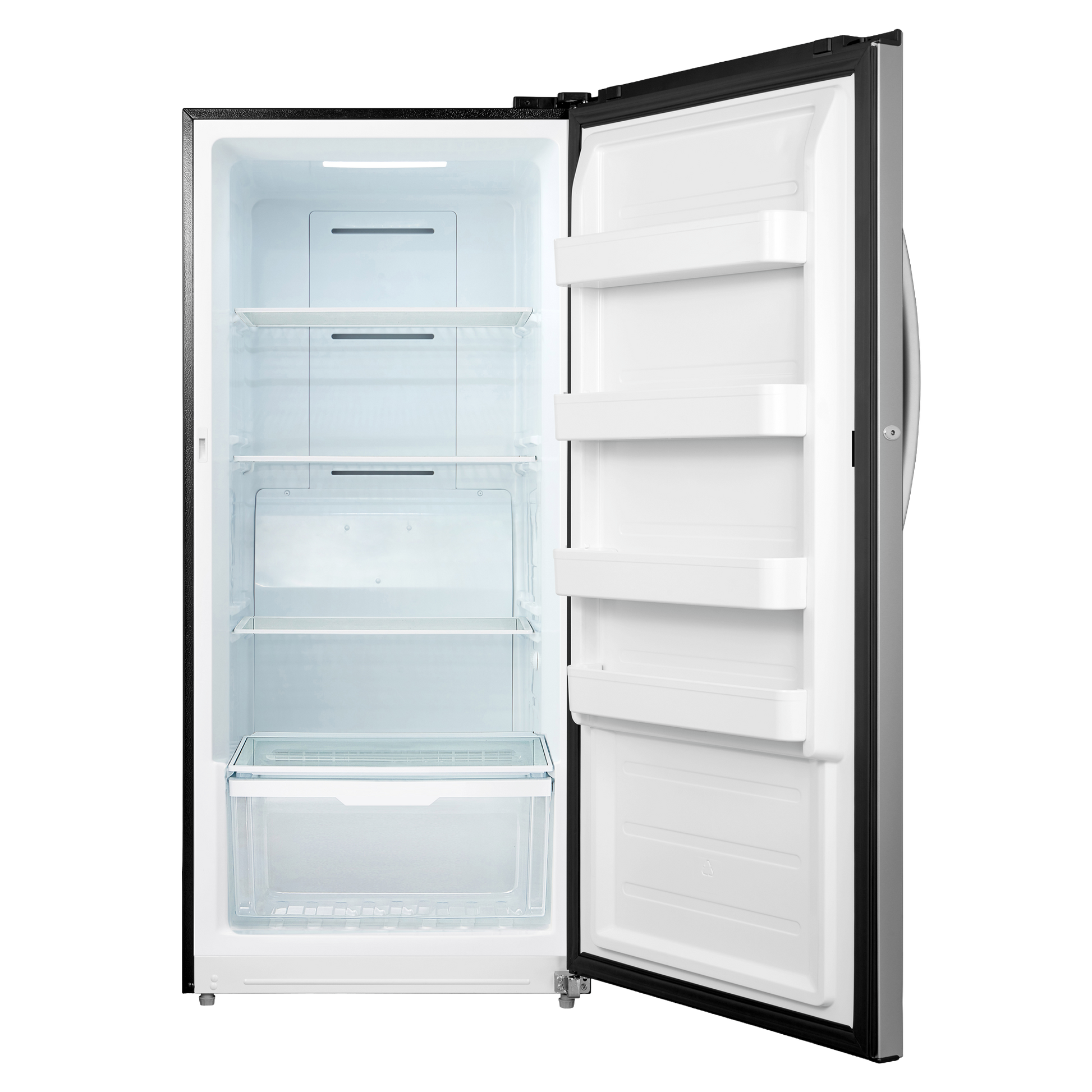 Empty stainless steel upright freezer with open door showing glass shelves and storage compartments in appliances collection