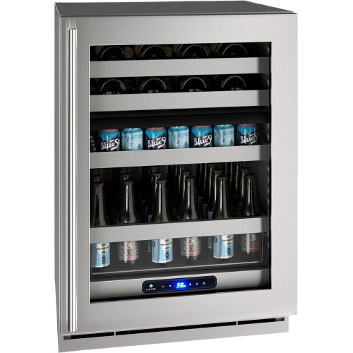 Compact dual zone beverage center with lockable stainless steel door storing wine bottles, cans, and bottled drinks in kitchen appliances collection