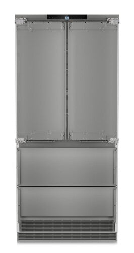 Built-in stainless steel French door refrigerator/freezer with bottom freezer drawers and integrated digital controls in kitchen appliances