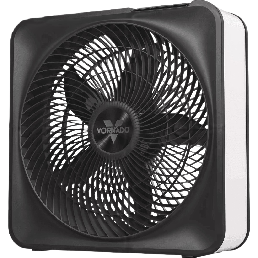 Compact black and white box fan with high-velocity motor for air circulation in home cooling and air management under $100 collection