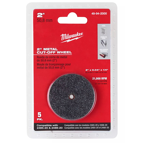 Pack of five Milwaukee 2-inch cut-off wheels for metal, designed for power tool use in home improvement projects.