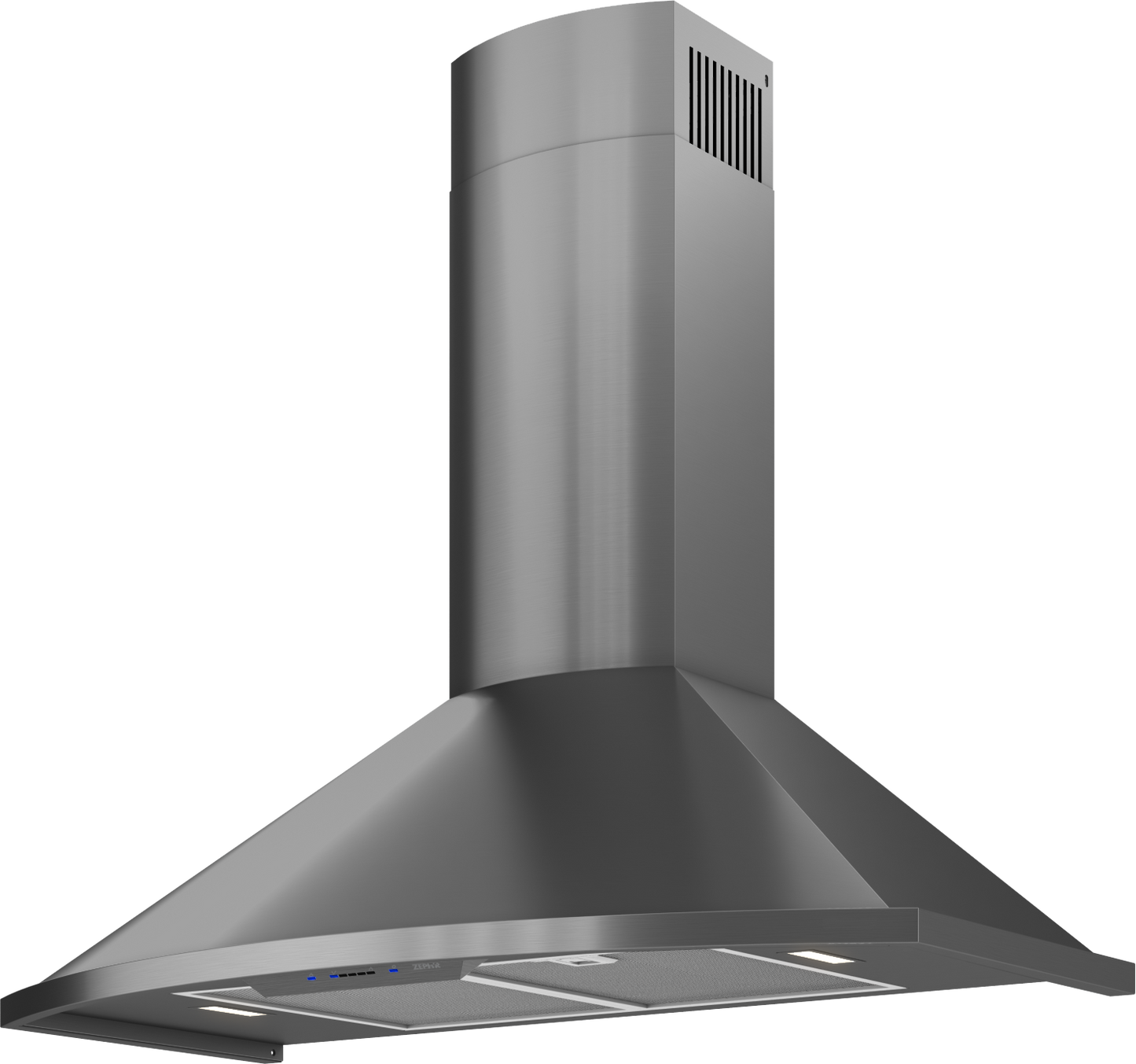 Black stainless steel chimney hood with LED lights and mesh filters for over the range kitchen appliance collections