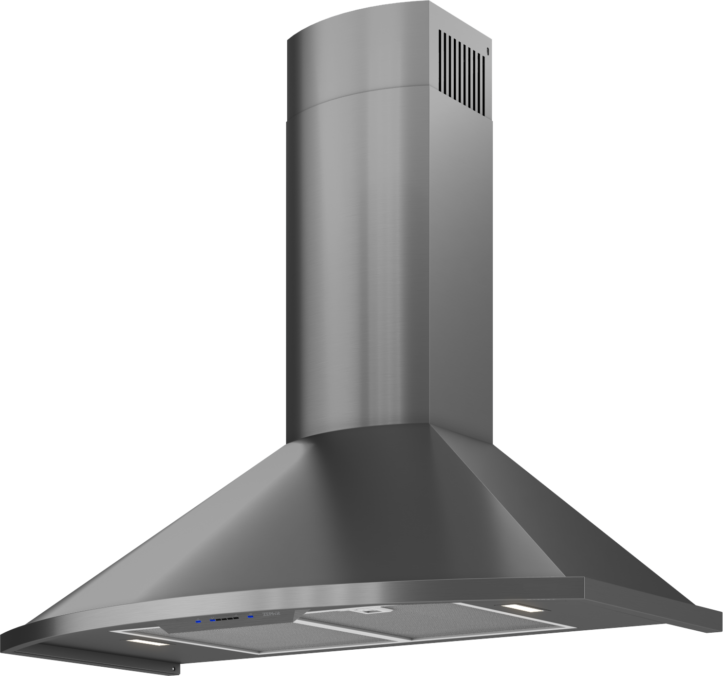 Black stainless steel chimney hood with LED lights and mesh filters for over the range kitchen appliance collections