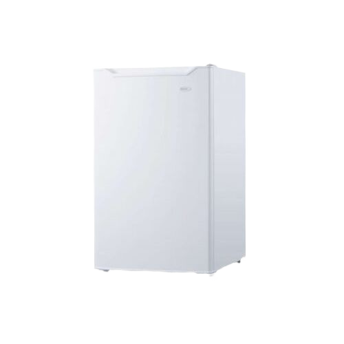 Compact white refrigerator with reversible door hinge and full-width freezer section in kitchen appliances collection