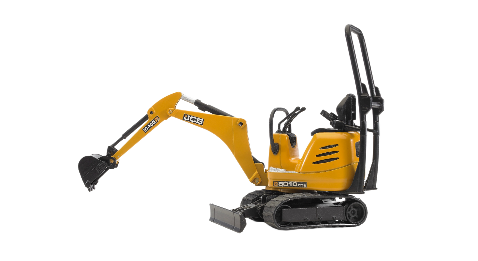 Yellow JCB micro excavator model with black rubber tracks and articulated digging arm for construction play