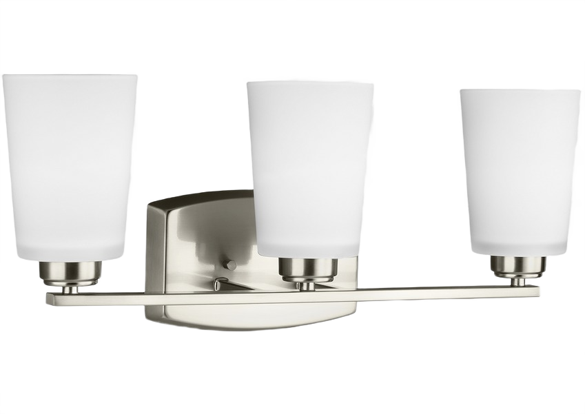 Brushed nickel three-light wall sconce with etched glass shades for bathroom and vanity lighting fixtures