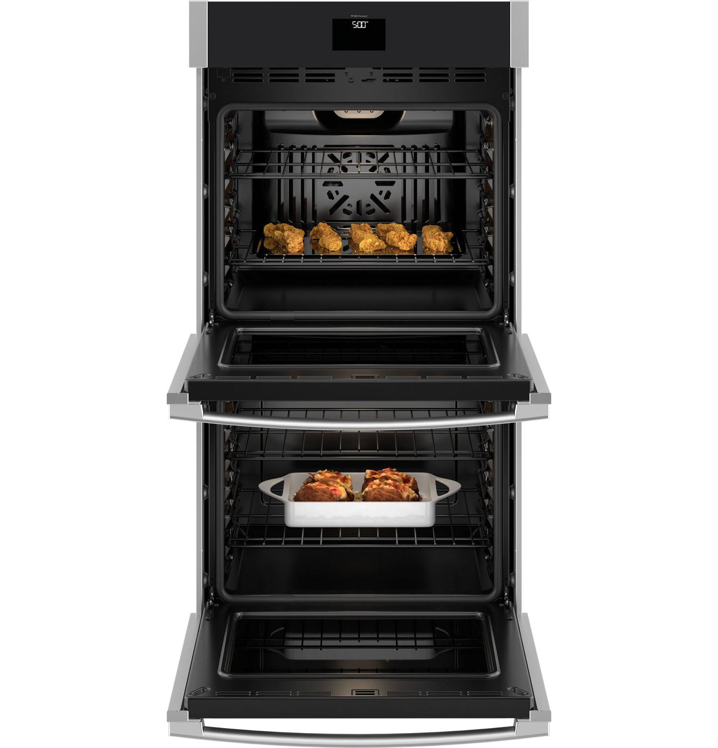 Open smart built-in double wall oven with convection racks cooking fried chicken and baked dish in kitchen appliances collection