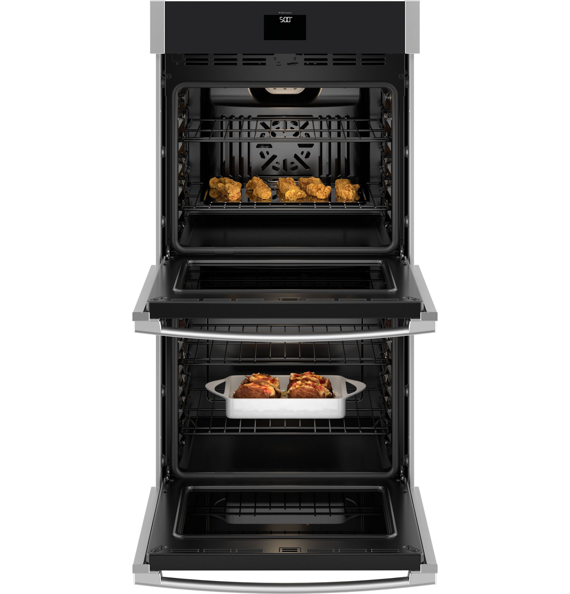 Open smart built-in double wall oven with convection racks cooking fried chicken and baked dish in kitchen appliances collection