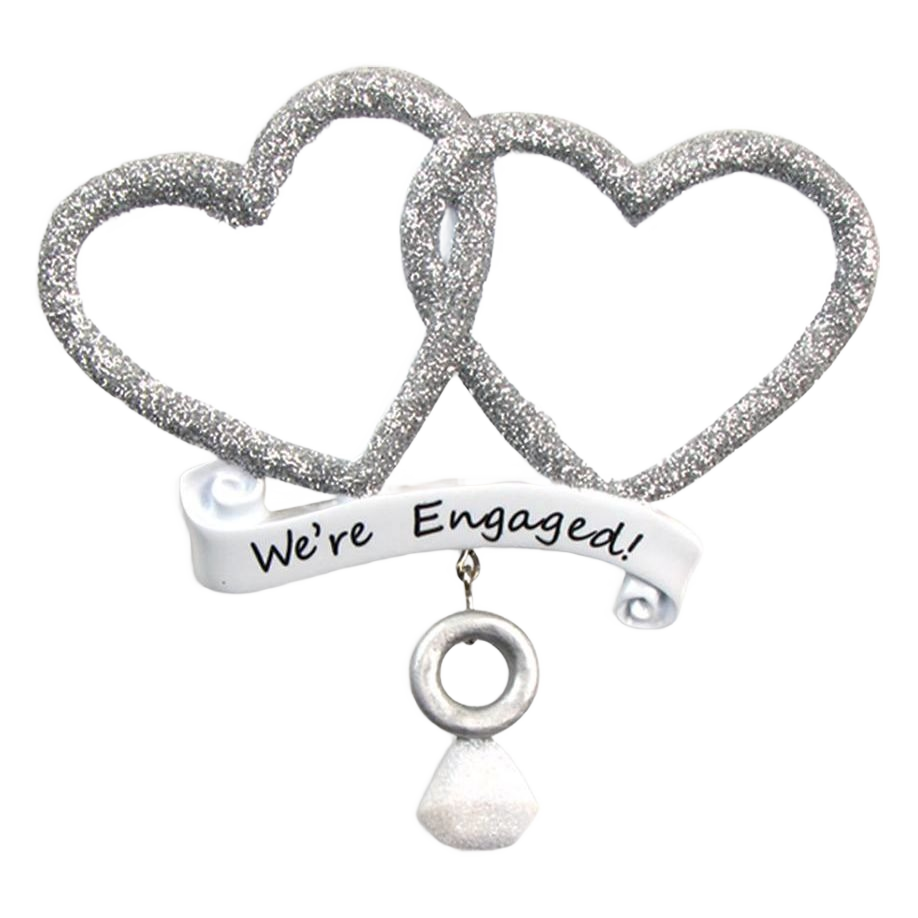 Silver glitter double heart ornament with "We're Engaged!" banner and dangling ring charm in Christmas Ornaments & Tree Decorations under $50 collection