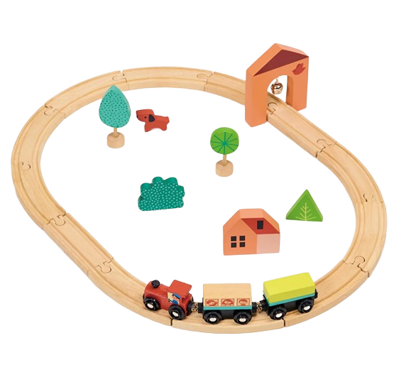 Wooden toy train set with track, colorful engine, freight cars, small house, trees, and tunnel piece