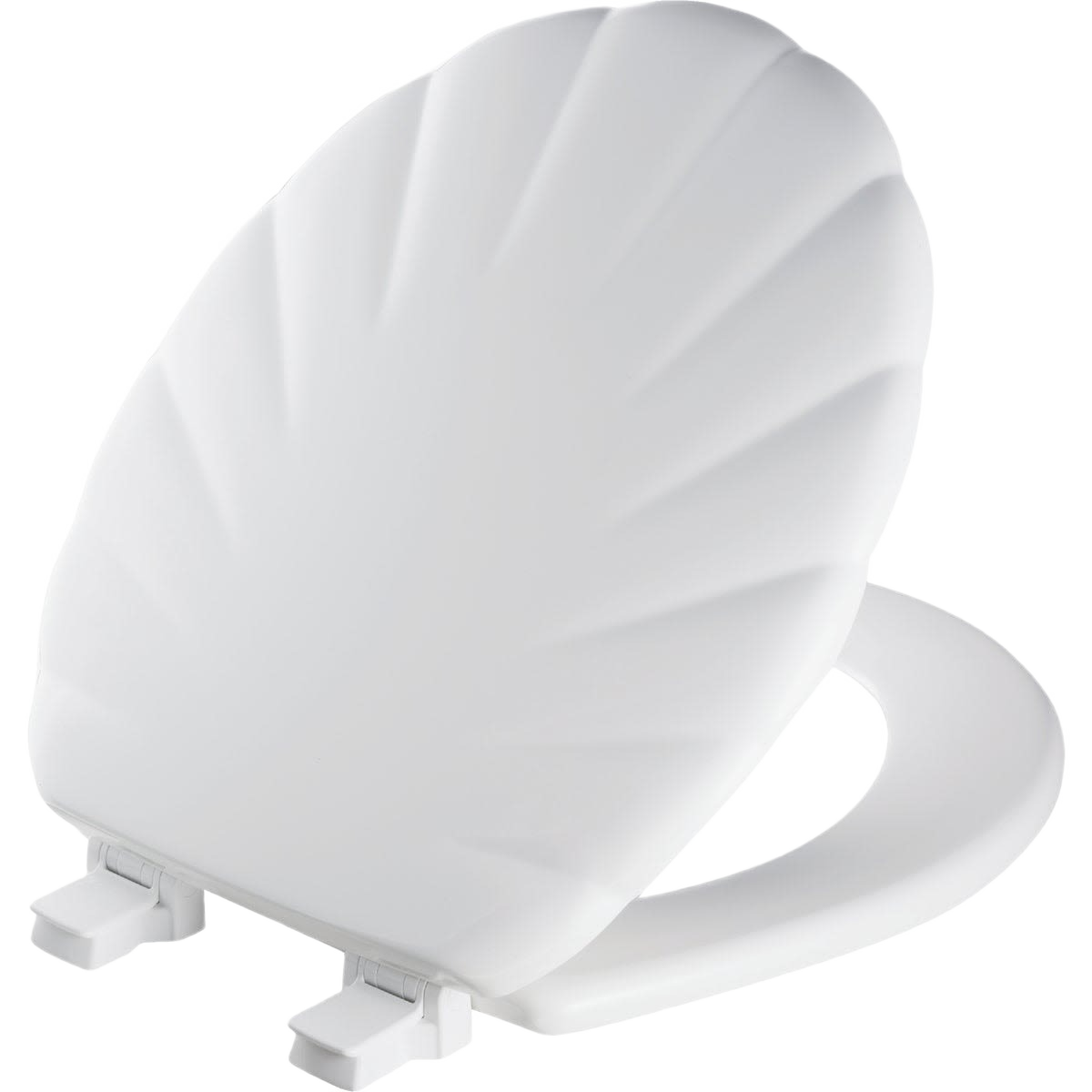 White sculptured shell wood toilet seat with high-gloss finish for bathroom and home improvement projects