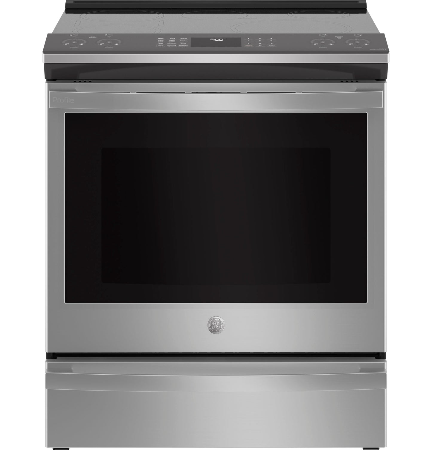 Front view of stainless steel slide-in induction and convection range with digital controls from Ranges and Appliances collections