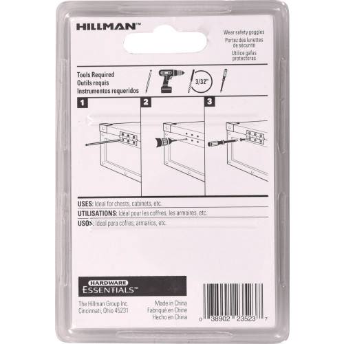 Hillman Hardware Essentials packaging showing installation steps for satin nickel broad hinges in home improvement collections