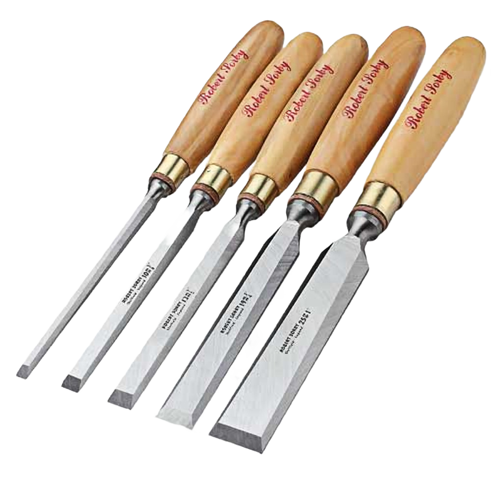 Set of five traditional bevel edge chisels with polished wooden handles for woodworking and home improvement tasks