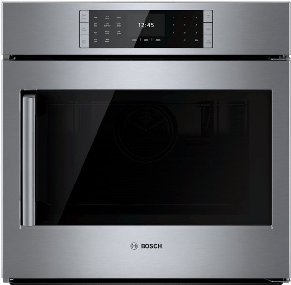 Stainless steel Bosch wall oven with right side handle and digital touchscreen controls for kitchen appliances collection
