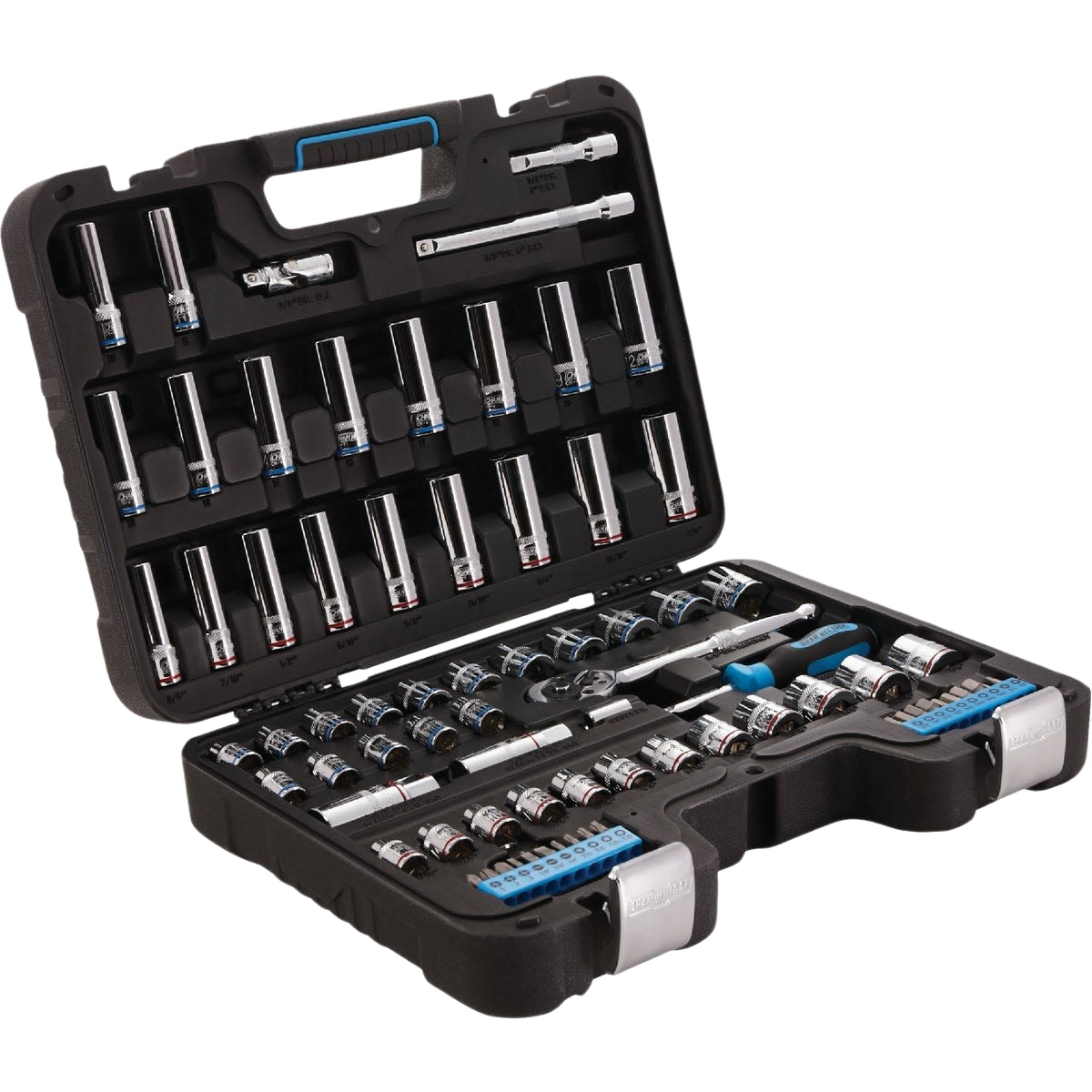 76-piece 3/8-inch drive socket set with standard and metric sizes in a black case for hand tools and home improvement collections
