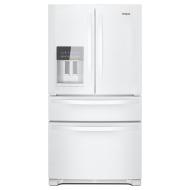 36-inch wide white French door refrigerator with bottom drawers and exterior water dispenser in kitchen appliances collection