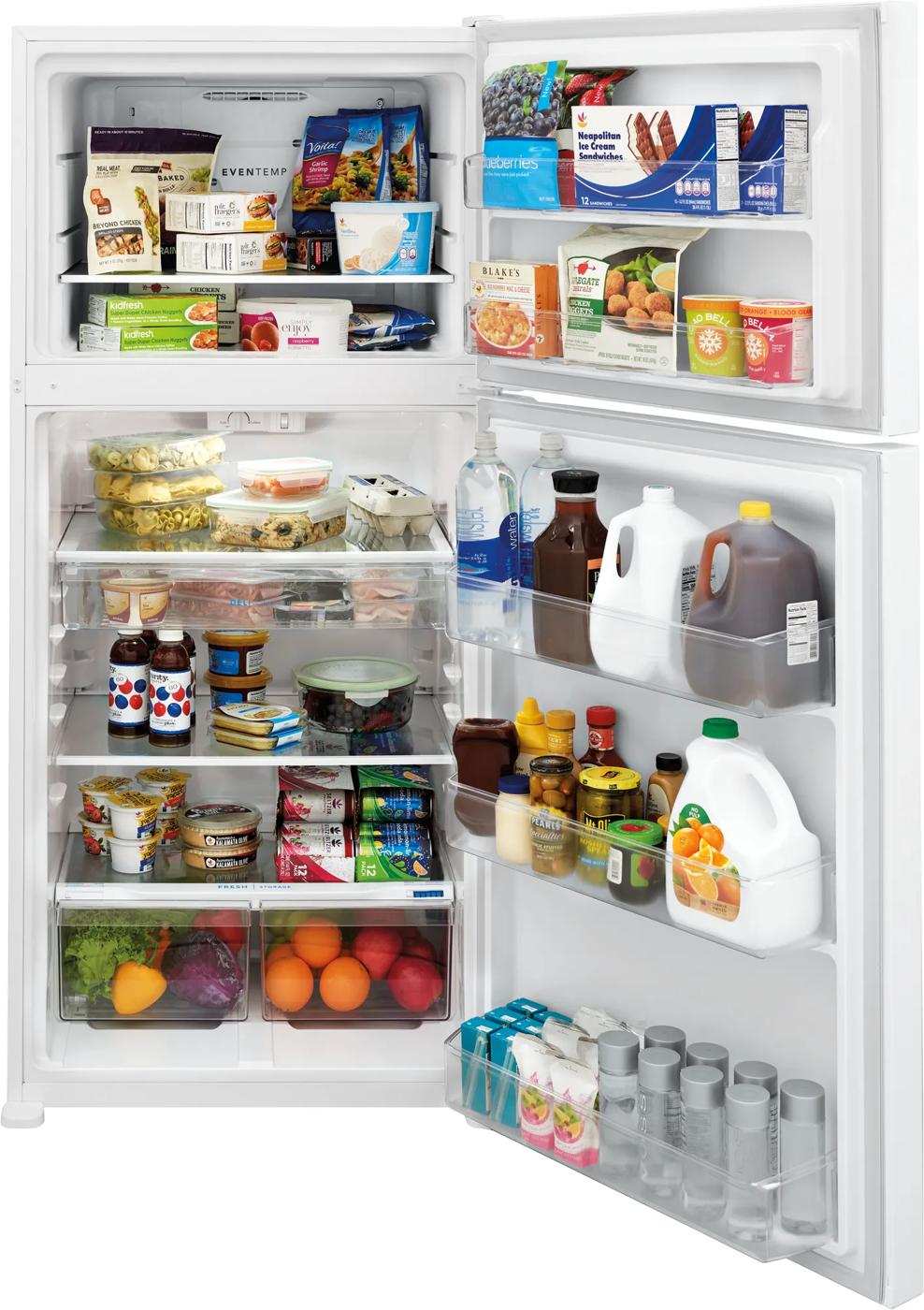 Open white garage-ready top freezer refrigerator with organized food and clear shelves in Refrigerators and Appliances collections