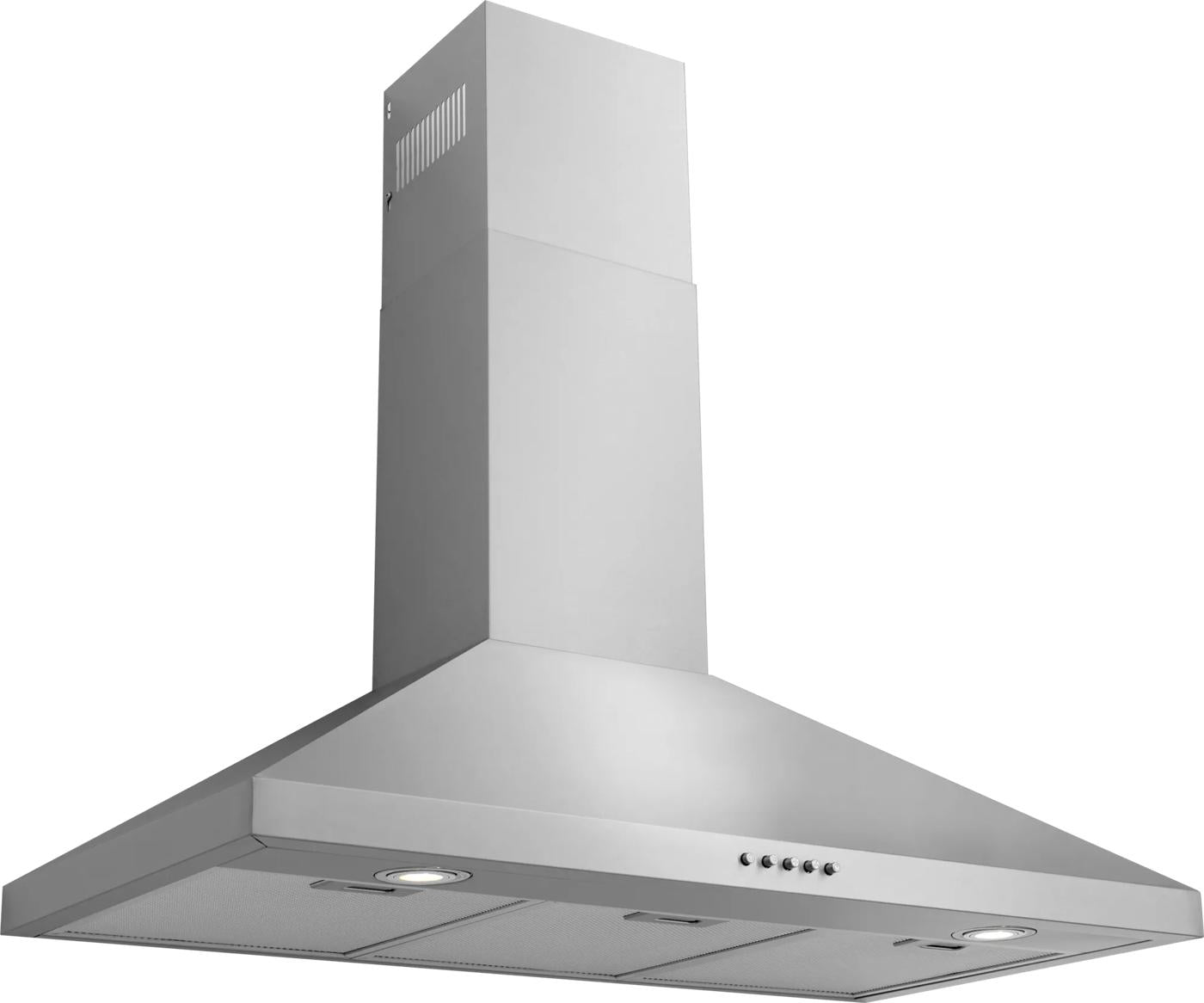 stainless steel wall-mounted canopy hood with push button controls and built-in lighting in kitchen appliances collection