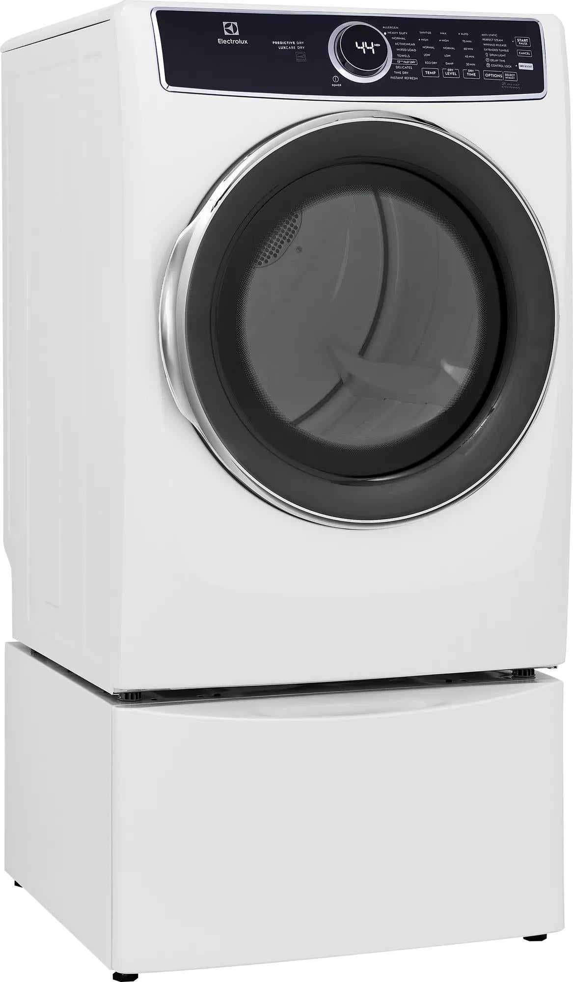 White front load electric dryer with large tinted door and digital control panel from Dryers collection at Hartville Hardware