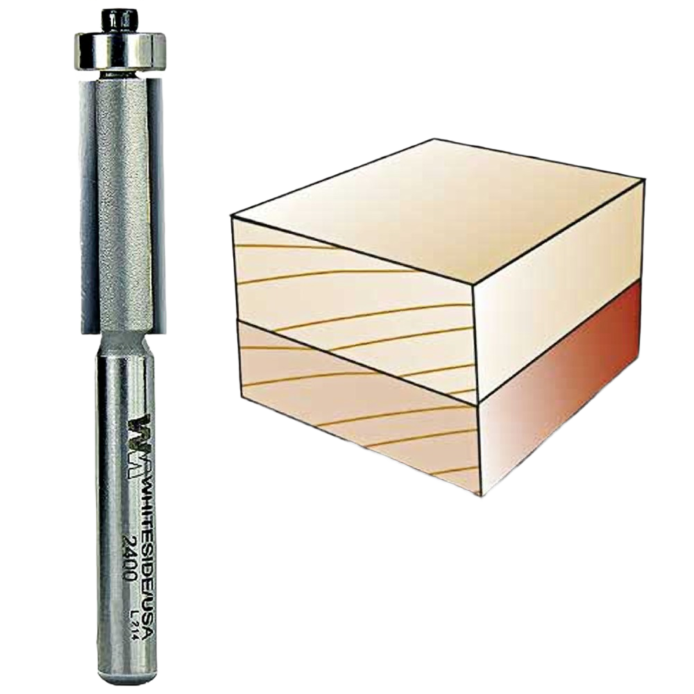 Flush trim router bit with bearing guide next to illustration of layered wood for woodworking tools collection
