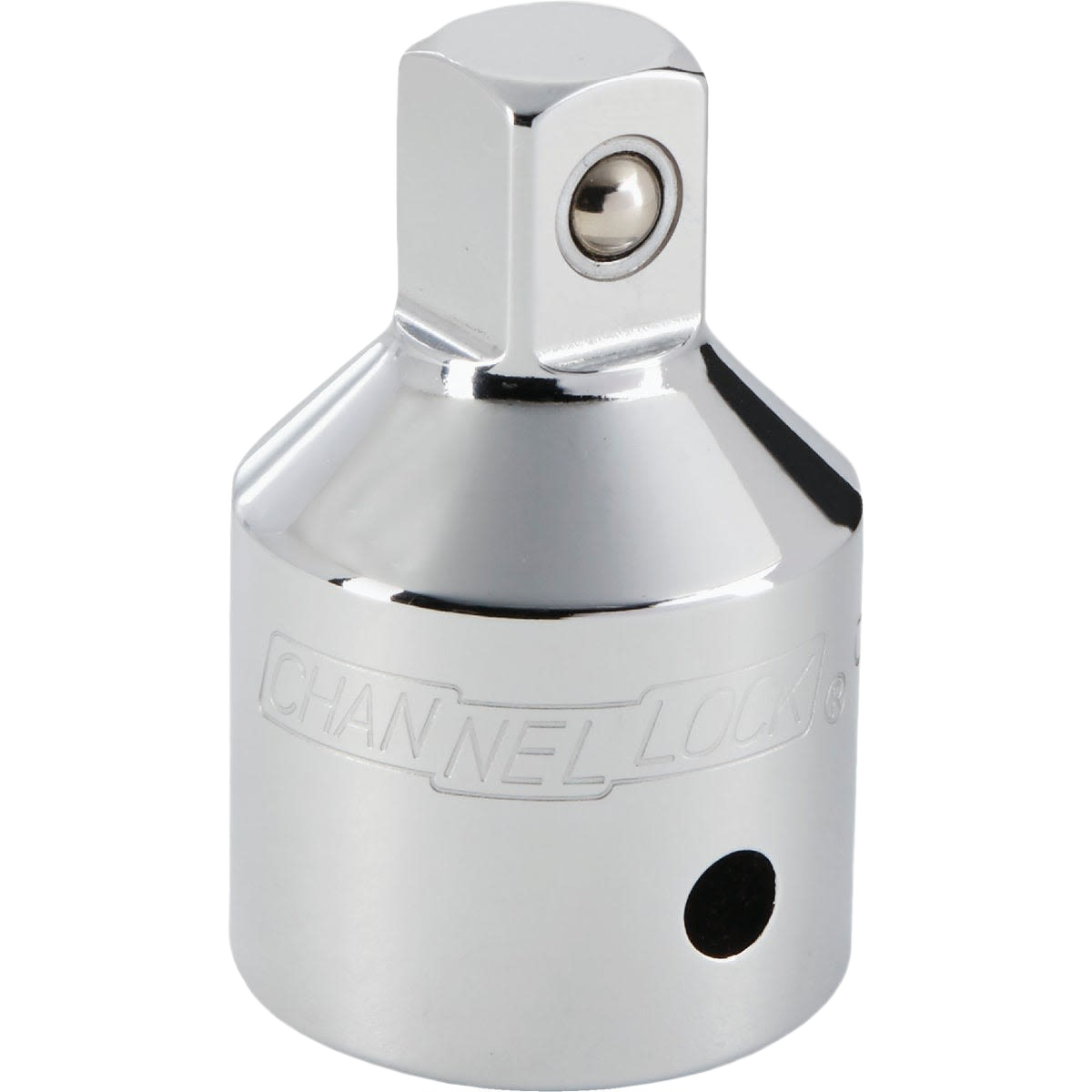 Chrome-plated socket adapter with engraved branding designed for tools and home improvement applications