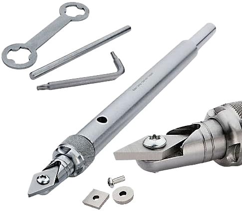 Precision metal woodworking tool shank with three tungsten carbide cutters and accessory wrenches for home improvement tasks