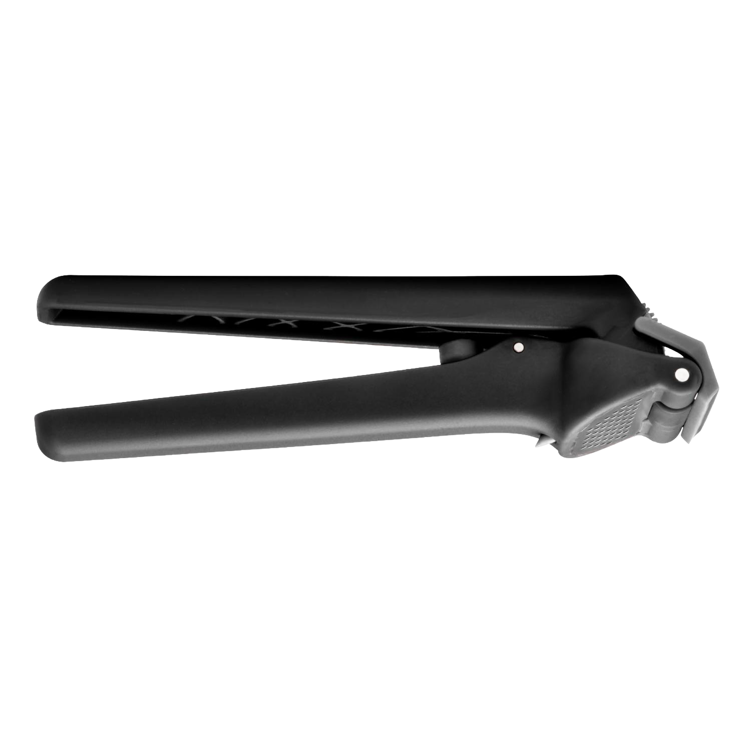 Black garlic press with ergonomic handles designed for efficient use, part of Kitchen Utensils and Kitchen Gadgets collections