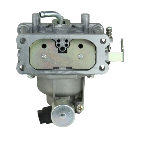 Silver metal carburetor component with various ports and screws for engine fuel regulation and home improvement use