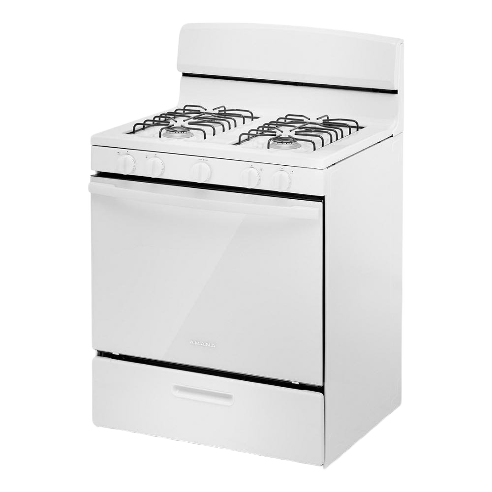white 30-inch gas range with four sealed burners and easy-clean glass oven door for kitchen and home improvement