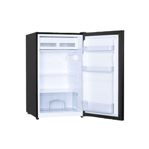 compact black refrigerator with push button defrost and full width freezer door open in appliances collection