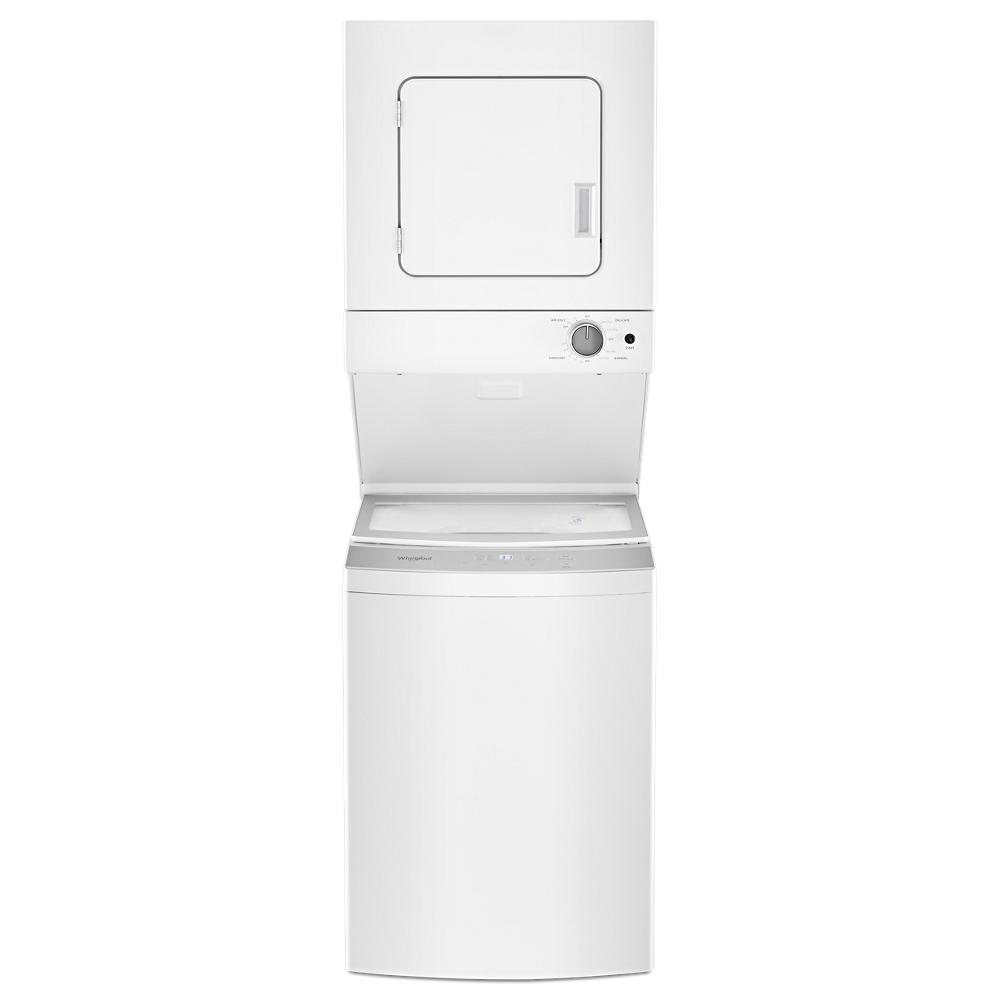 White electric stacked laundry center with top front-load dryer featuring a control knob and bottom top-load washer with glass lid, part of appliance laundry centers at Hartville Hardware.