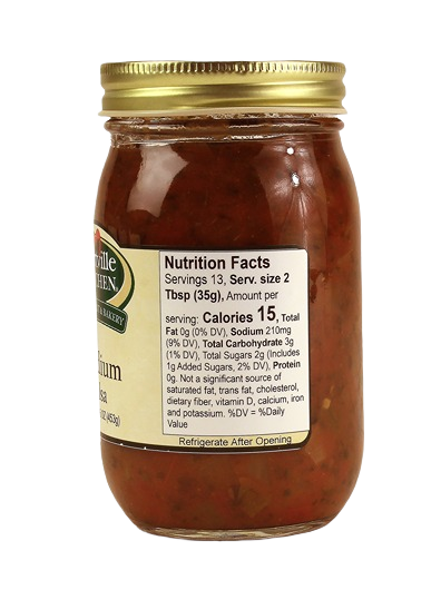 Glass jar of Hartville Kitchen medium salsa with gold lid in salsas and food and beverage collections