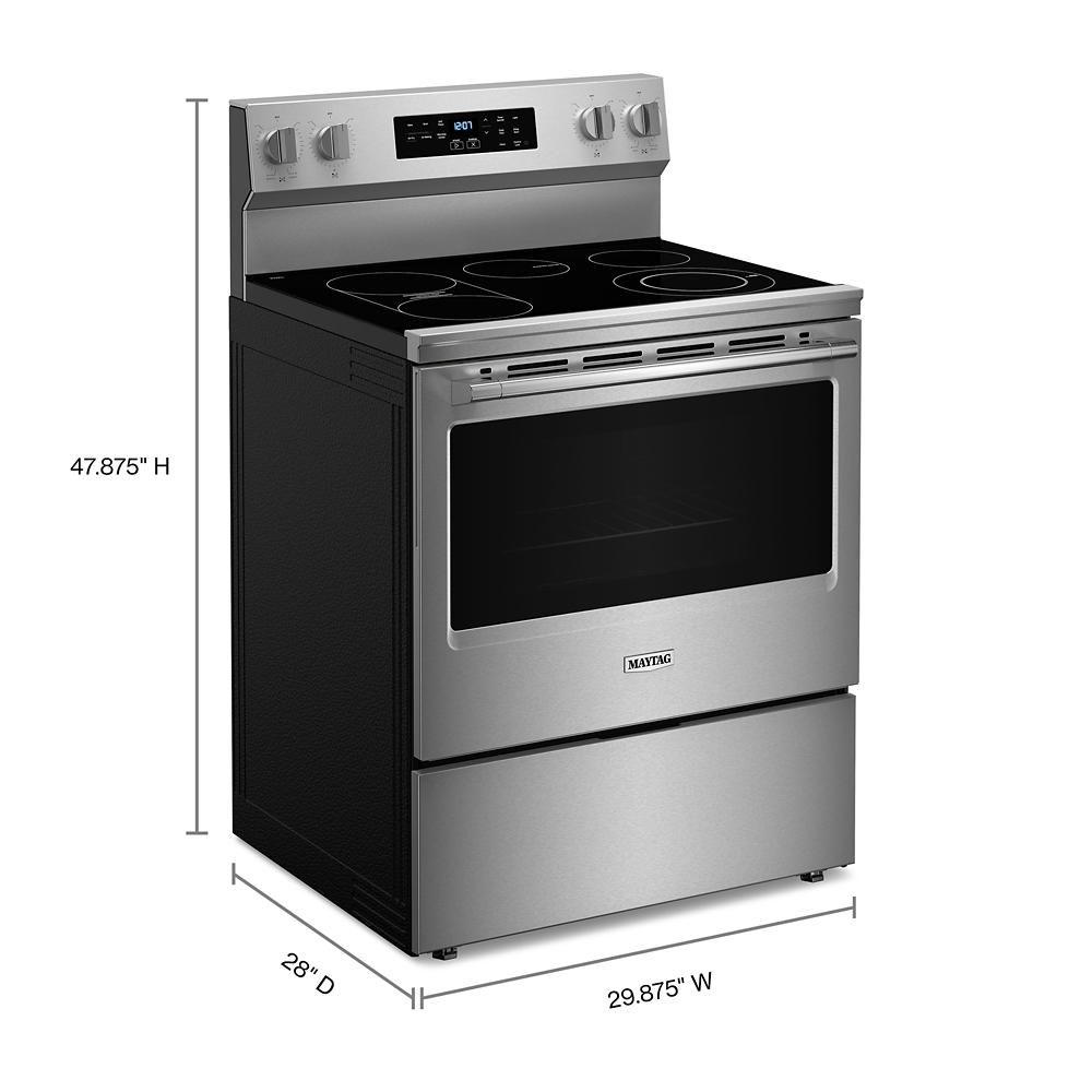 Stainless steel electric range with smooth glass cooktop, digital control panel, and large oven window from ranges collection