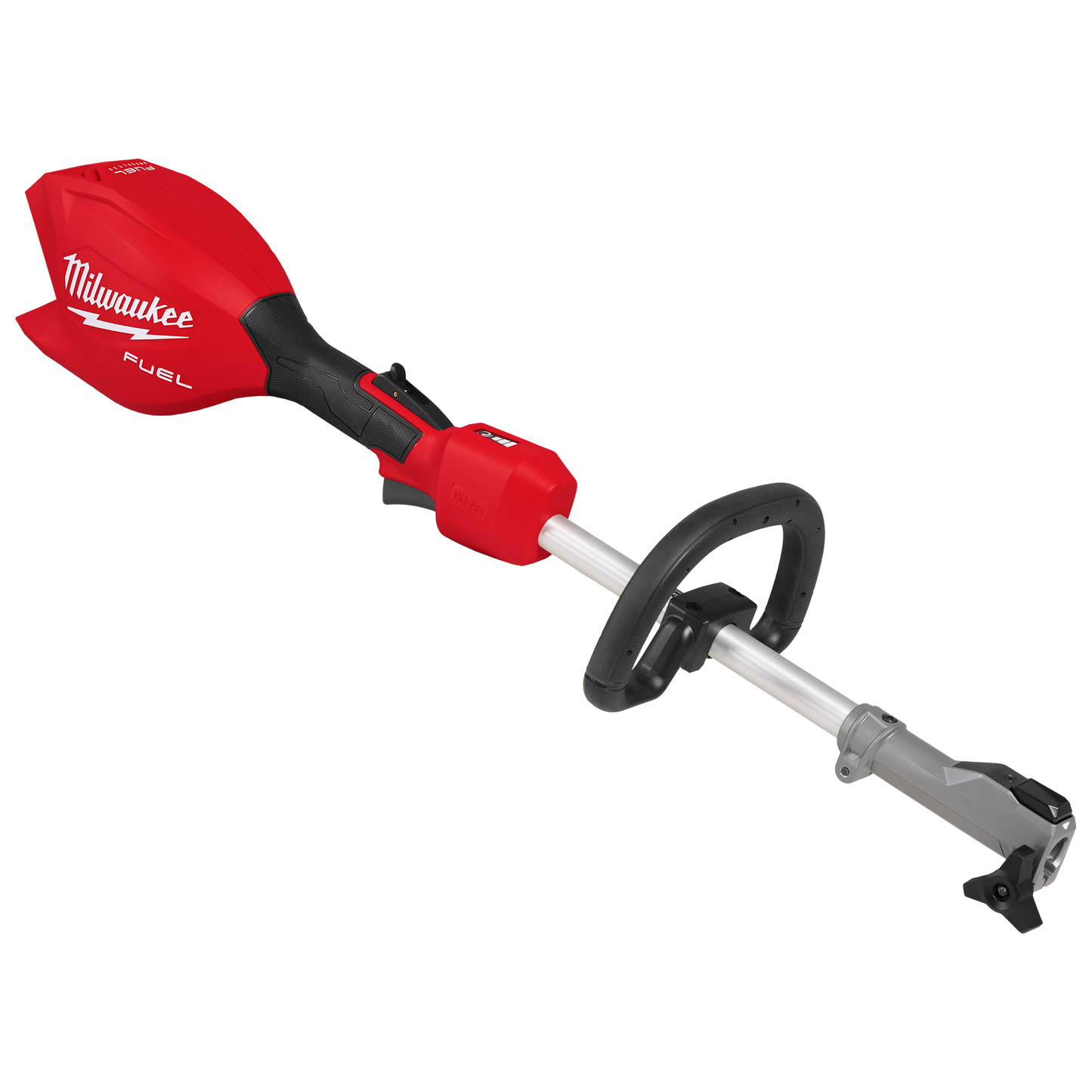Red and black cordless Milwaukee outdoor power tool attachment with QUIK-LOK system for lawn and garden use