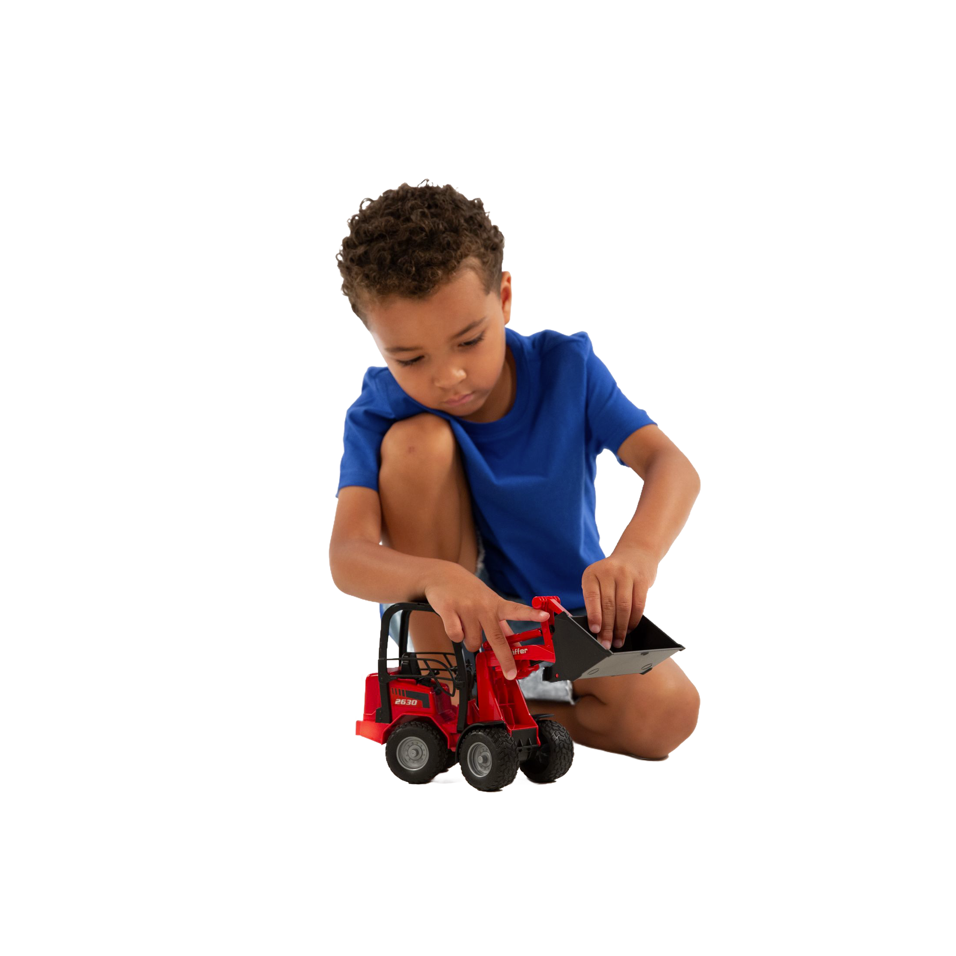 Child in blue shirt playing with red Bruder Schaeffer compact loader toy from Vehicles & Remote Controlled Toys collection