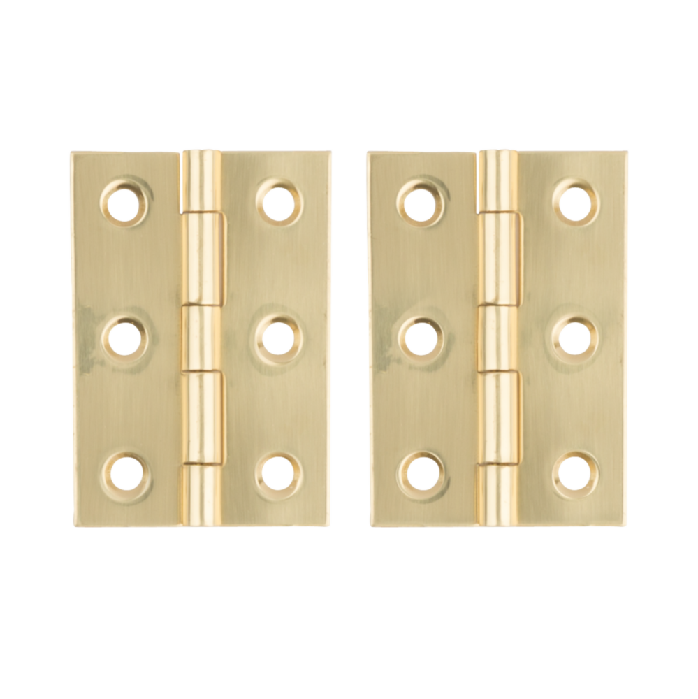 Two brass decorative medium hinges with six mounting holes each for home improvement and hardware projects under $50