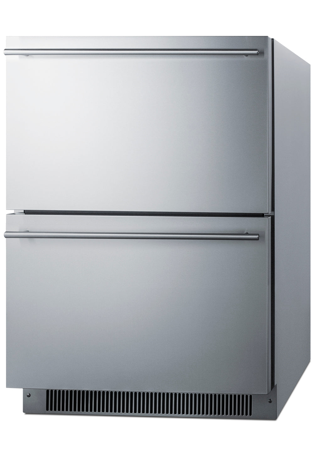 Stainless steel two-drawer freezer with sleek handles and vented base, suited for kitchen and freezer appliance needs.
