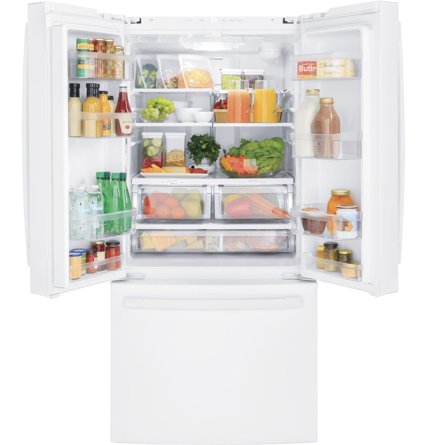 Open white French-door refrigerator filled with fresh produce and beverages, part of kitchen appliance collections