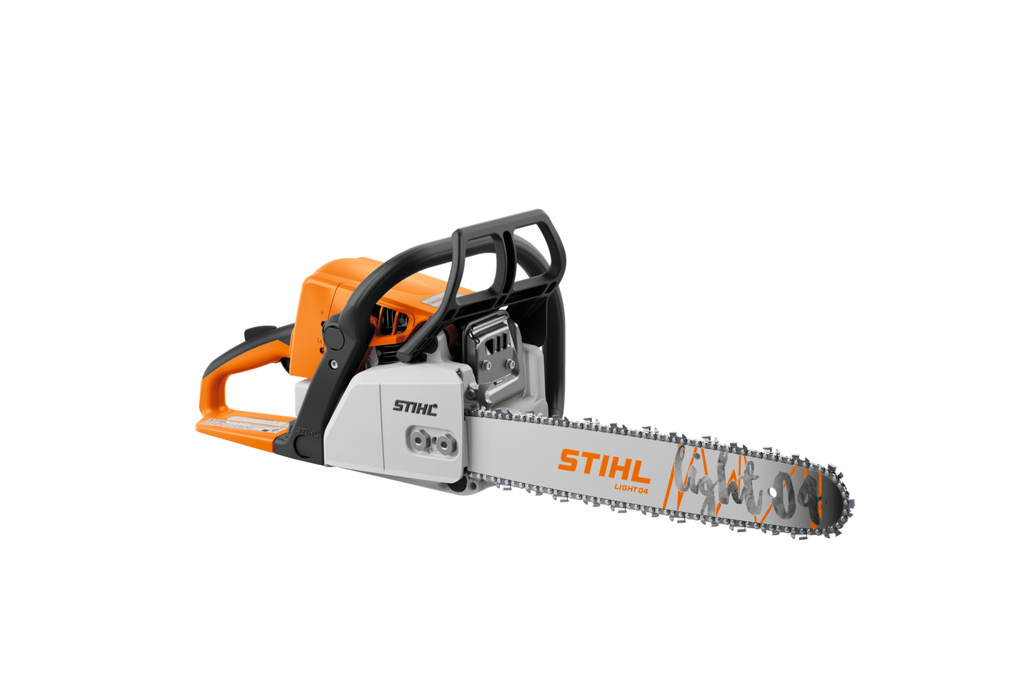 Orange and gray high-performance compact gas chainsaw with ergonomic handle and sharp cutting chain for home improvement tasks