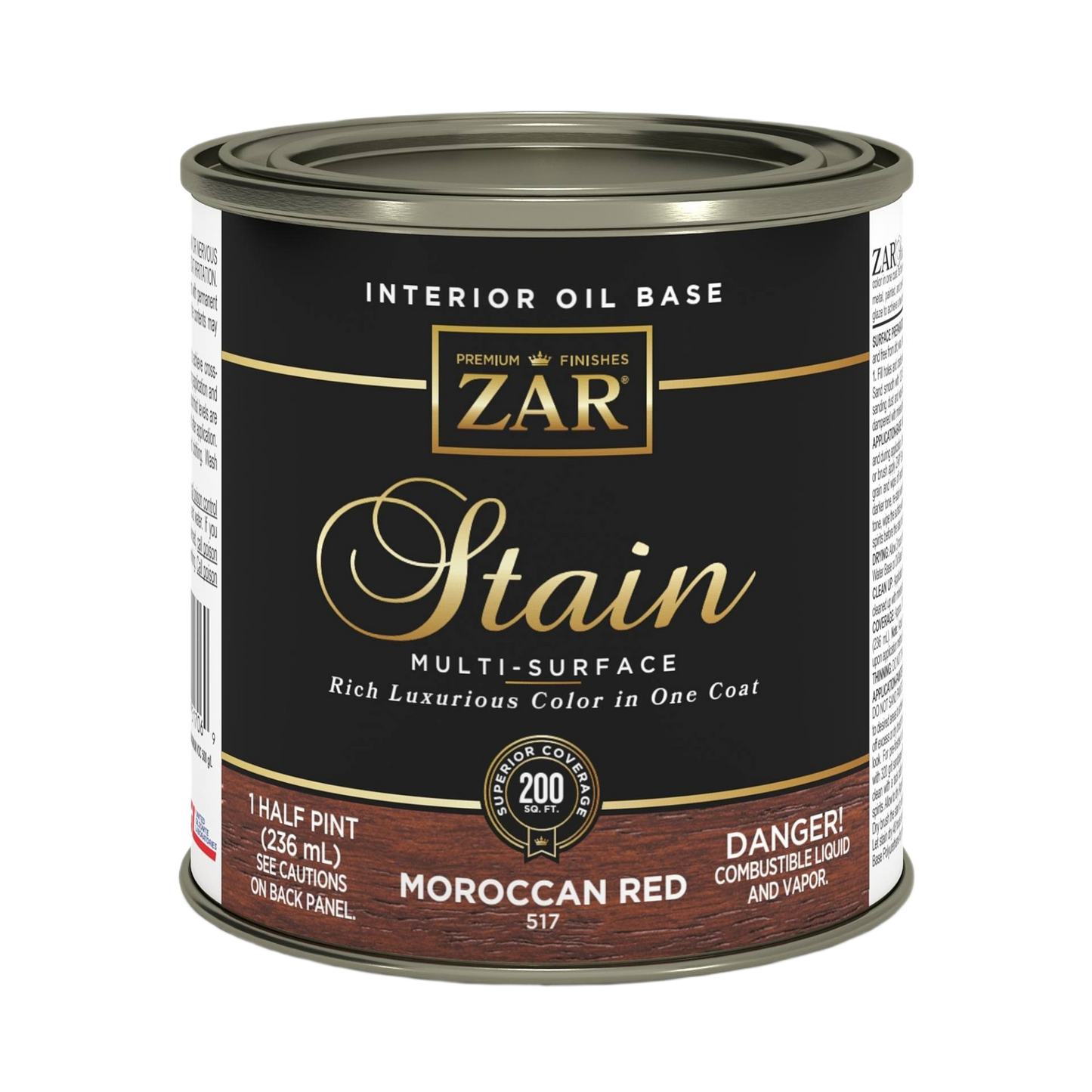 Half-pint can of ZAR interior oil-based Moroccan Red wood stain for multi-surface use in Stains and Finishes collections