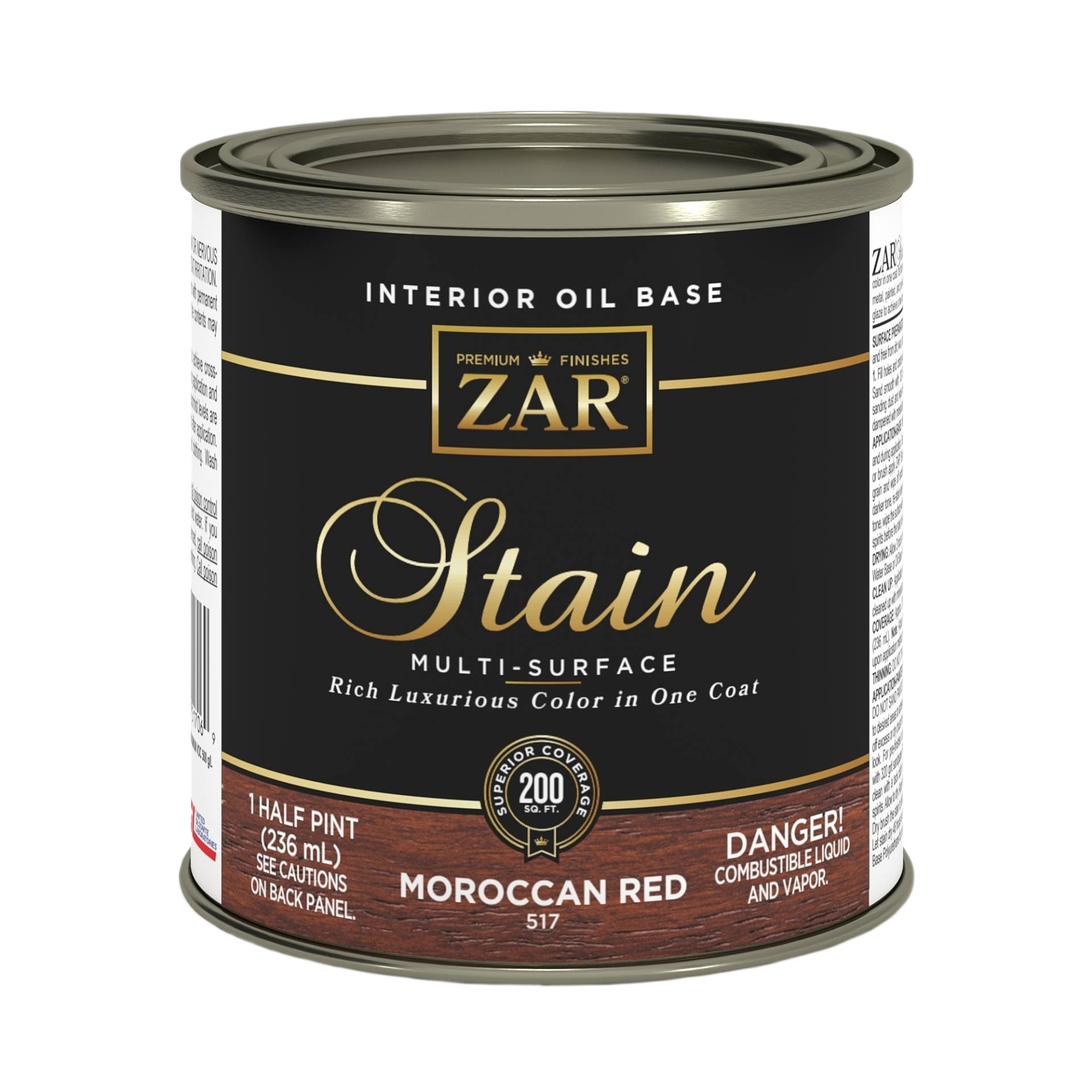 Half-pint can of ZAR interior oil-based Moroccan Red wood stain for multi-surface use in Stains and Finishes collections