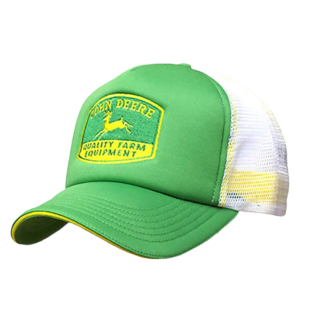 Green and white mesh trucker cap with embroidered yellow patch reading quality farm equipment logo design