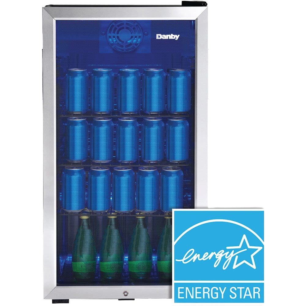 Freestanding beverage cooler with tempered glass door, wire shelves holding cans and bottles, blue interior light