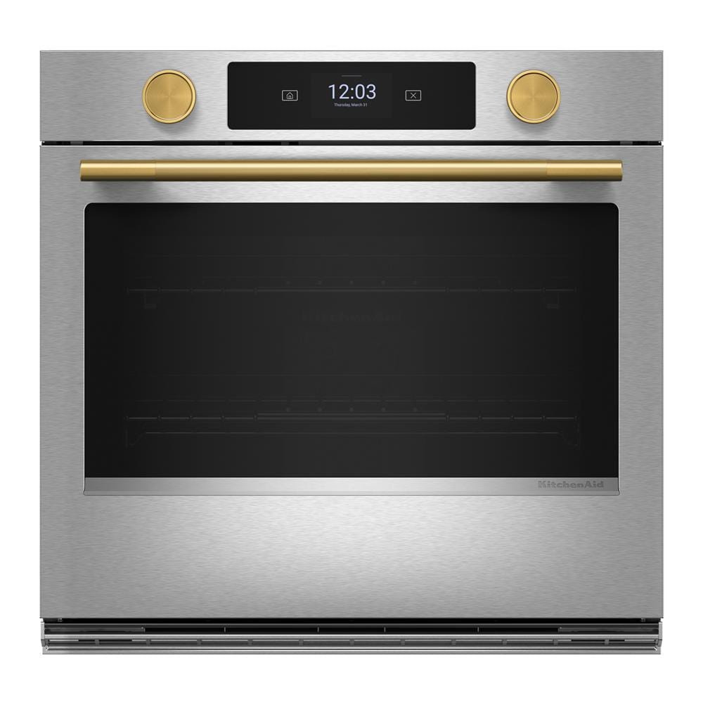 Front view of a stainless steel 30-inch smart electric single wall oven with digital display, gold-tone handle and knobs, part of KitchenAid wall ovens, appliances, and kitchenware collections for home improvement.